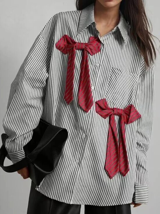Loose-fit Boyfriend Style Striped Bow Shirt - Picture 5 of 6